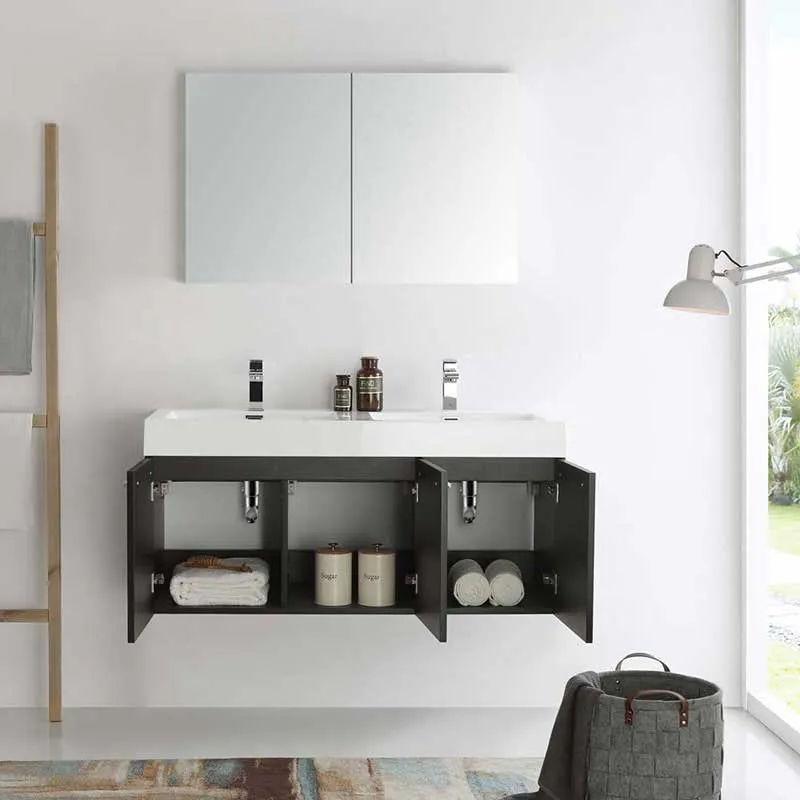 Fresca Vista 48" Black Wall Hung Double Sink Modern Bathroom Vanity with Medicine Cabinet