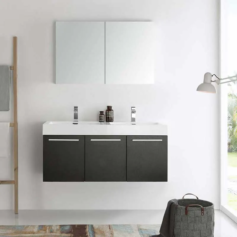 Fresca Vista 48" Black Wall Hung Double Sink Modern Bathroom Vanity with Medicine Cabinet