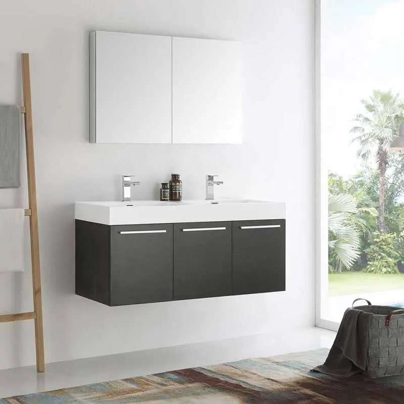 Fresca Vista 48" Black Wall Hung Double Sink Modern Bathroom Vanity with Medicine Cabinet