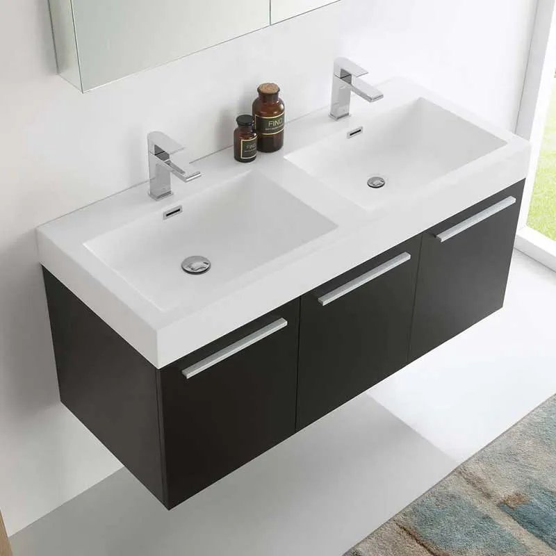 Fresca Vista 48" Black Wall Hung Double Sink Modern Bathroom Vanity with Medicine Cabinet