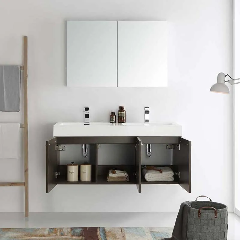Fresca Vista 48" Gray Oak Wall Hung Double Sink Modern Bathroom Vanity with Medicine Cabinet
