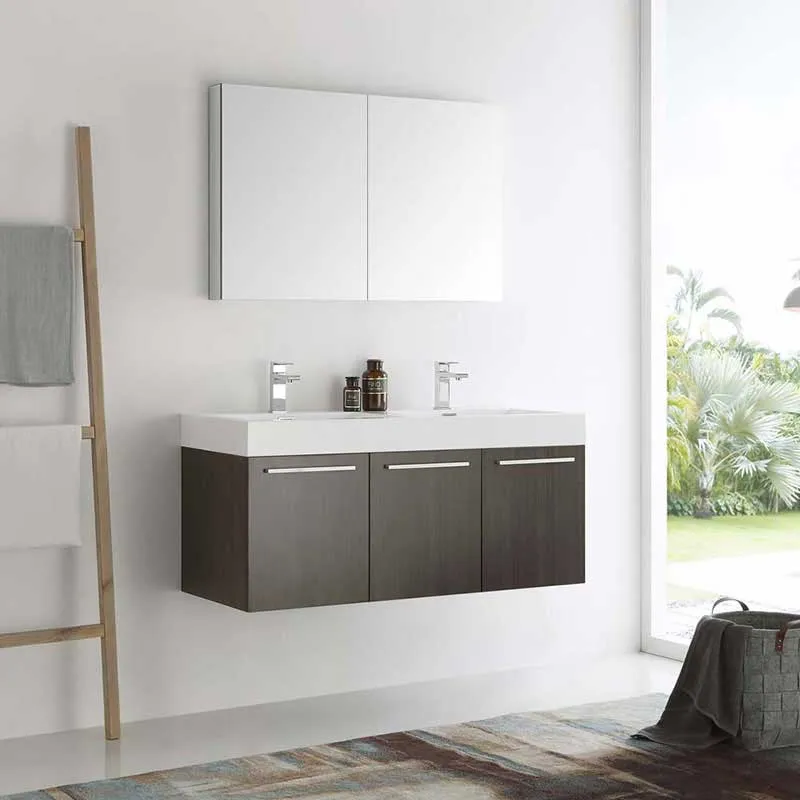 Fresca Vista 48" Gray Oak Wall Hung Double Sink Modern Bathroom Vanity with Medicine Cabinet