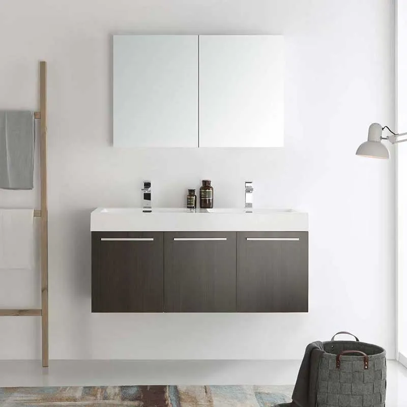 Fresca Vista 48" Gray Oak Wall Hung Double Sink Modern Bathroom Vanity with Medicine Cabinet