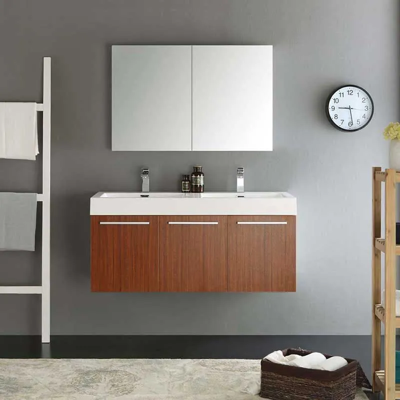 Fresca Vista 48" Teak Wall Hung Double Sink Modern Bathroom Vanity with Medicine Cabinet