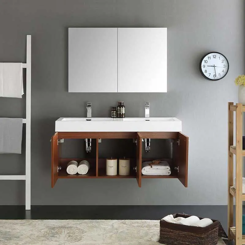 Fresca Vista 48" Teak Wall Hung Double Sink Modern Bathroom Vanity with Medicine Cabinet