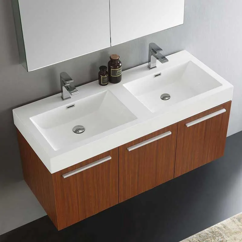 Fresca Vista 48" Teak Wall Hung Double Sink Modern Bathroom Vanity with Medicine Cabinet