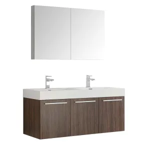 Fresca Vista 48" Walnut Wall Hung Double Sink Modern Bathroom Vanity with Medicine Cabinet