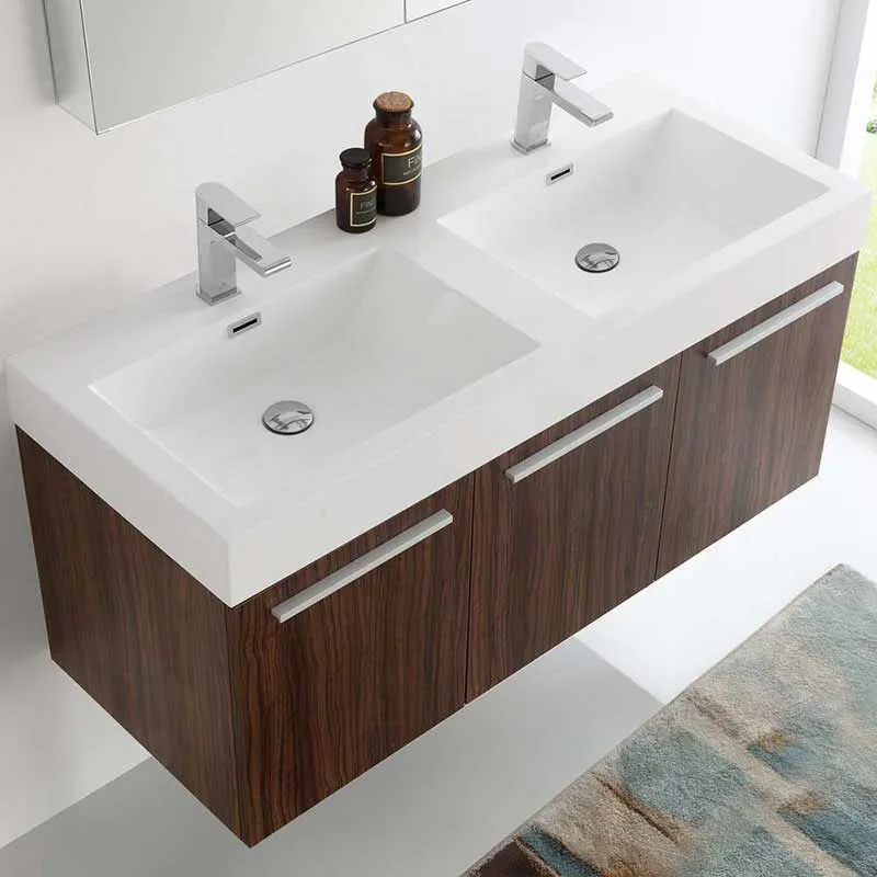 Fresca Vista 48" Walnut Wall Hung Double Sink Modern Bathroom Vanity with Medicine Cabinet