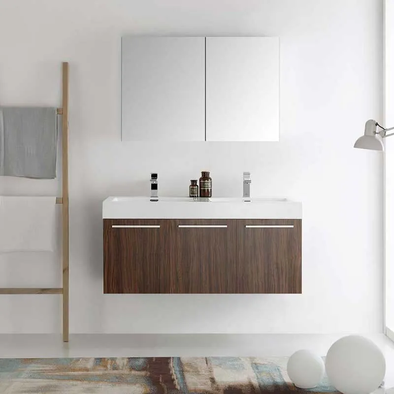 Fresca Vista 48" Walnut Wall Hung Double Sink Modern Bathroom Vanity with Medicine Cabinet