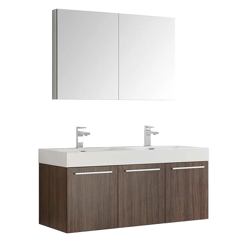 Fresca Vista 48" Walnut Wall Hung Double Sink Modern Bathroom Vanity with Medicine Cabinet