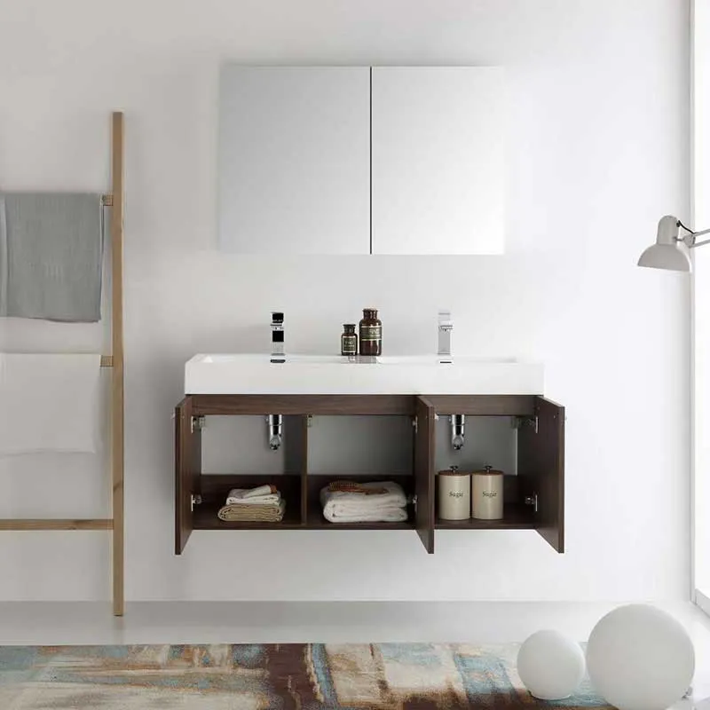 Fresca Vista 48" Walnut Wall Hung Double Sink Modern Bathroom Vanity with Medicine Cabinet