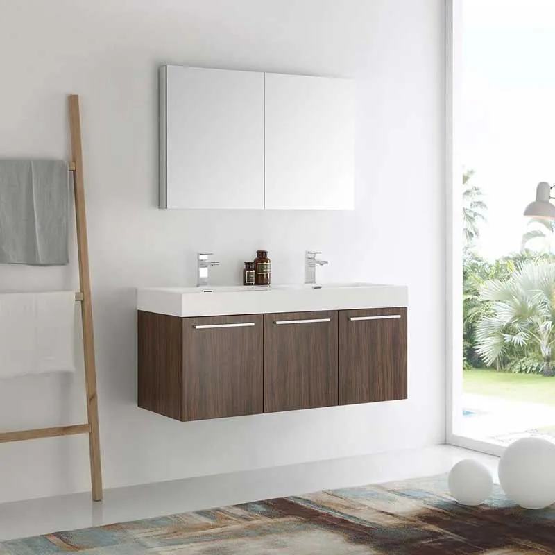 Fresca Vista 48" Walnut Wall Hung Double Sink Modern Bathroom Vanity with Medicine Cabinet