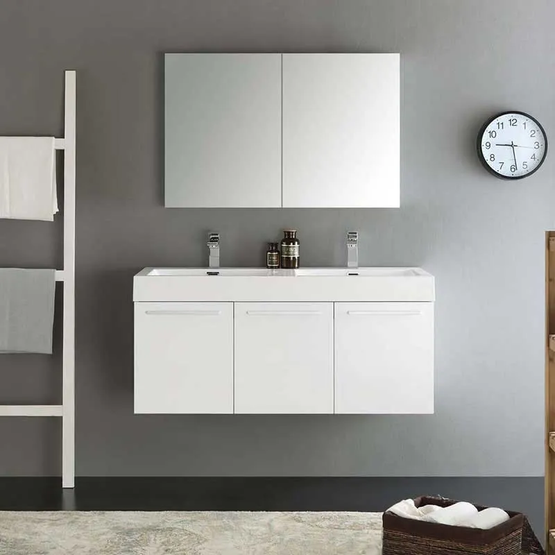 Fresca Vista 48" White Wall Hung Double Sink Modern Bathroom Vanity with Medicine Cabinet