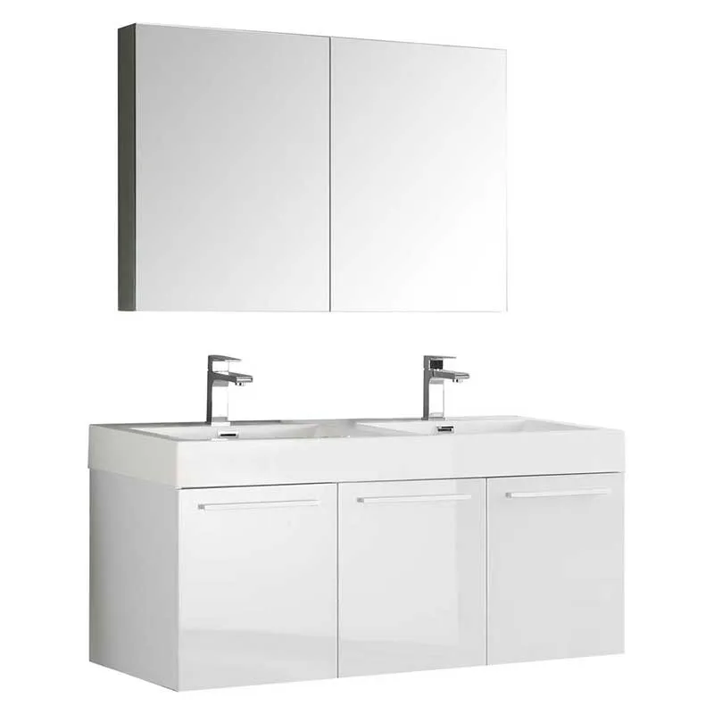 Fresca Vista 48" White Wall Hung Double Sink Modern Bathroom Vanity with Medicine Cabinet