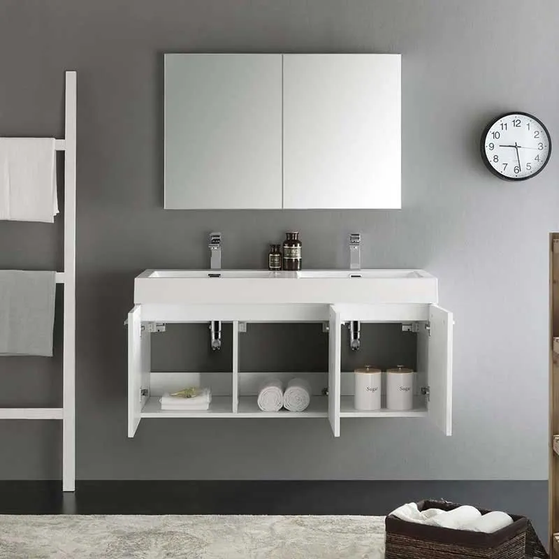 Fresca Vista 48" White Wall Hung Double Sink Modern Bathroom Vanity with Medicine Cabinet