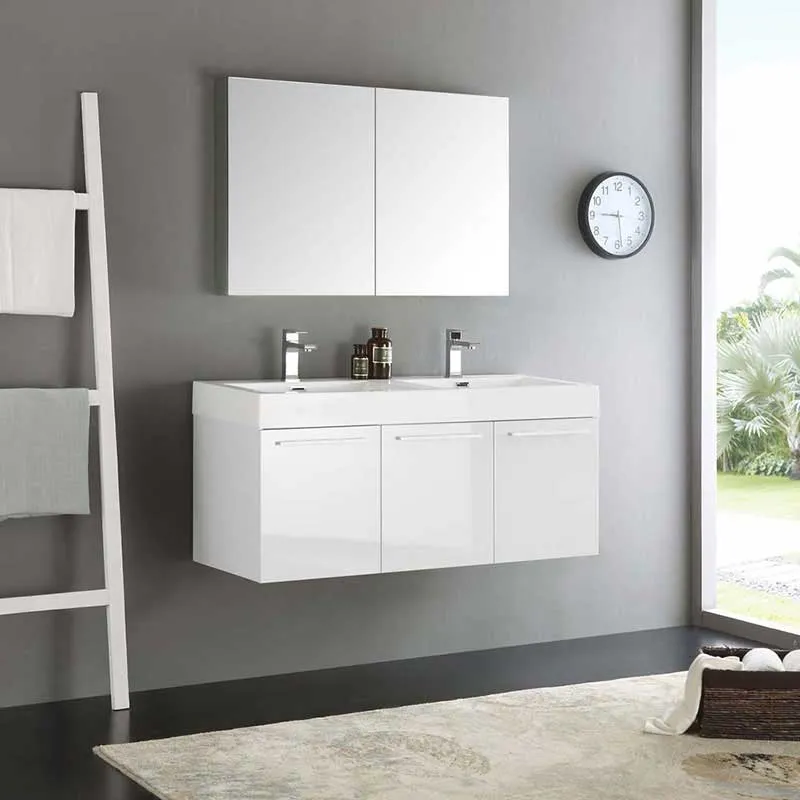 Fresca Vista 48" White Wall Hung Double Sink Modern Bathroom Vanity with Medicine Cabinet