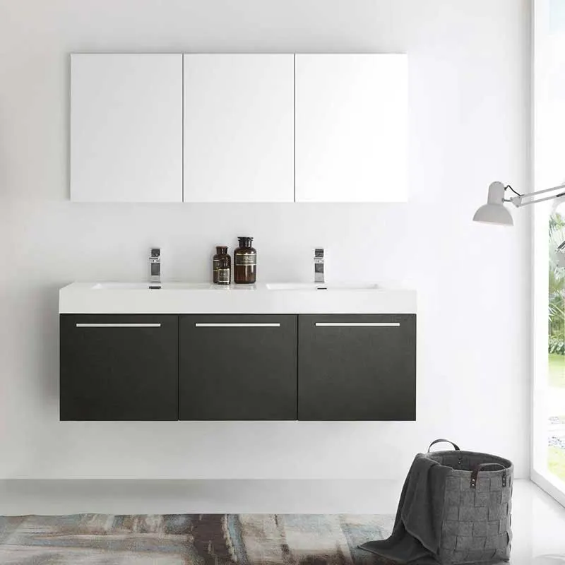 Fresca Vista 60" Black Wall Hung Double Sink Modern Bathroom Vanity with Medicine Cabinet