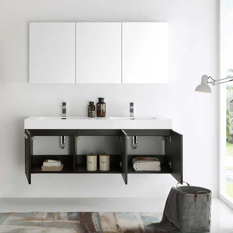 Fresca Vista 60" Black Wall Hung Double Sink Modern Bathroom Vanity with Medicine Cabinet