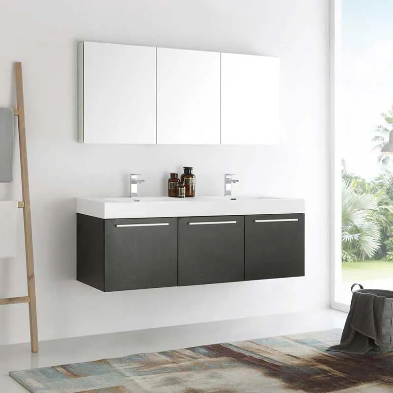 Fresca Vista 60" Black Wall Hung Double Sink Modern Bathroom Vanity with Medicine Cabinet