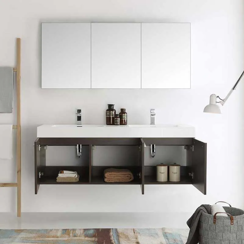 Fresca Vista 60" Gray Oak Wall Hung Double Sink Modern Bathroom Vanity with Medicine Cabinet