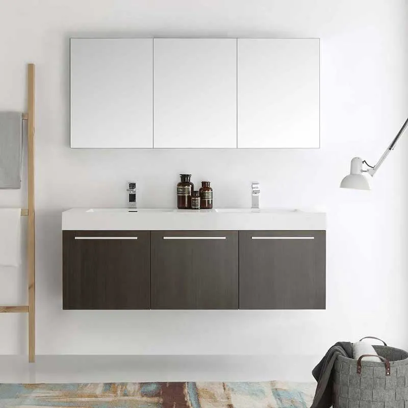Fresca Vista 60" Gray Oak Wall Hung Double Sink Modern Bathroom Vanity with Medicine Cabinet