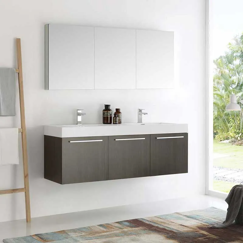 Fresca Vista 60" Gray Oak Wall Hung Double Sink Modern Bathroom Vanity with Medicine Cabinet