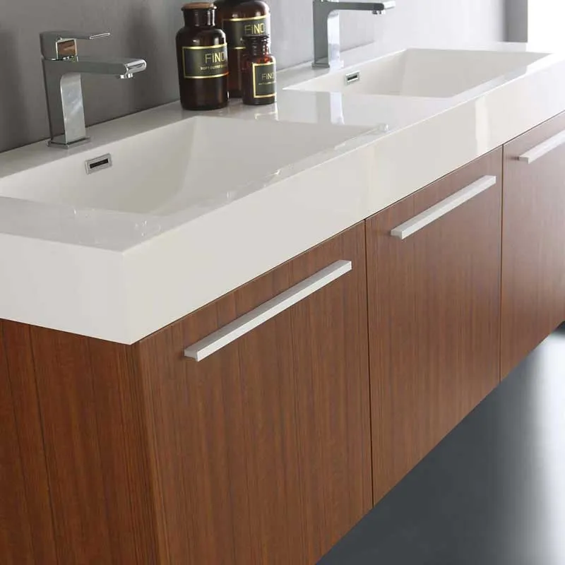 Fresca Vista 60" Teak Wall Hung Double Sink Modern Bathroom Vanity with Medicine Cabinet