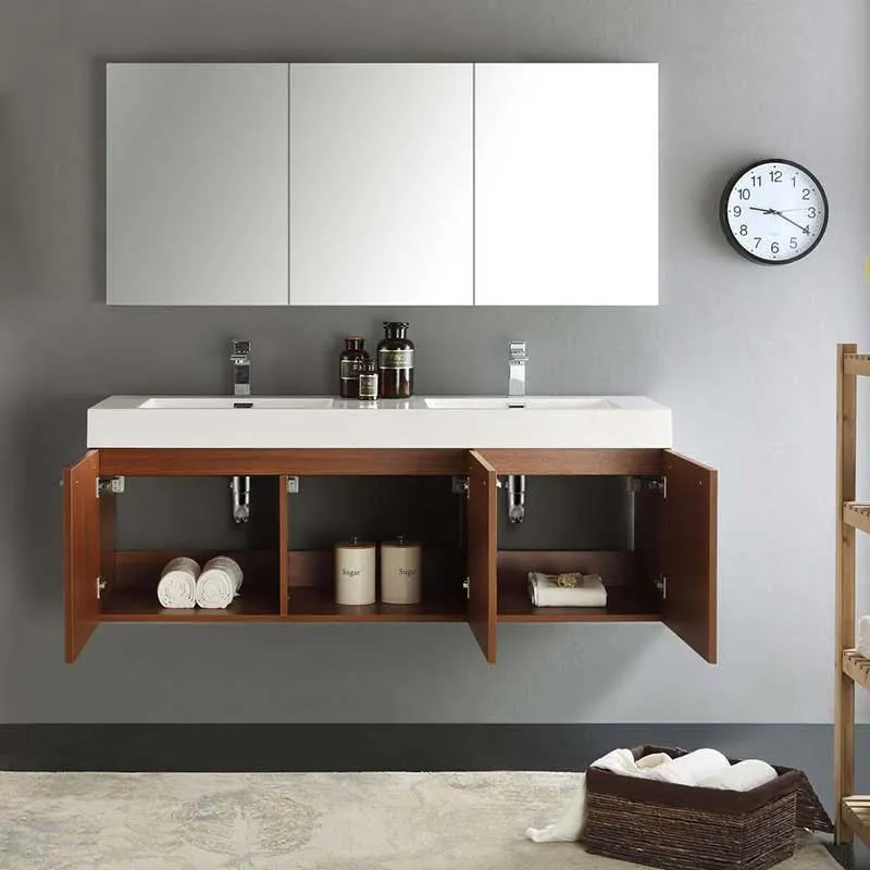 Fresca Vista 60" Teak Wall Hung Double Sink Modern Bathroom Vanity with Medicine Cabinet