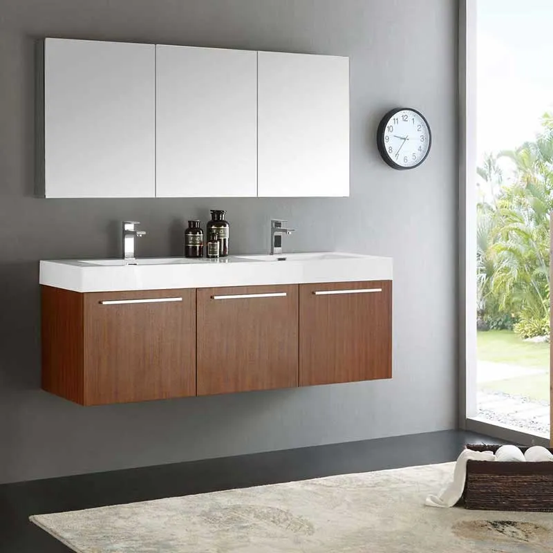 Fresca Vista 60" Teak Wall Hung Double Sink Modern Bathroom Vanity with Medicine Cabinet