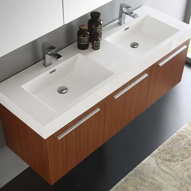 Fresca Vista 60" Teak Wall Hung Double Sink Modern Bathroom Vanity with Medicine Cabinet