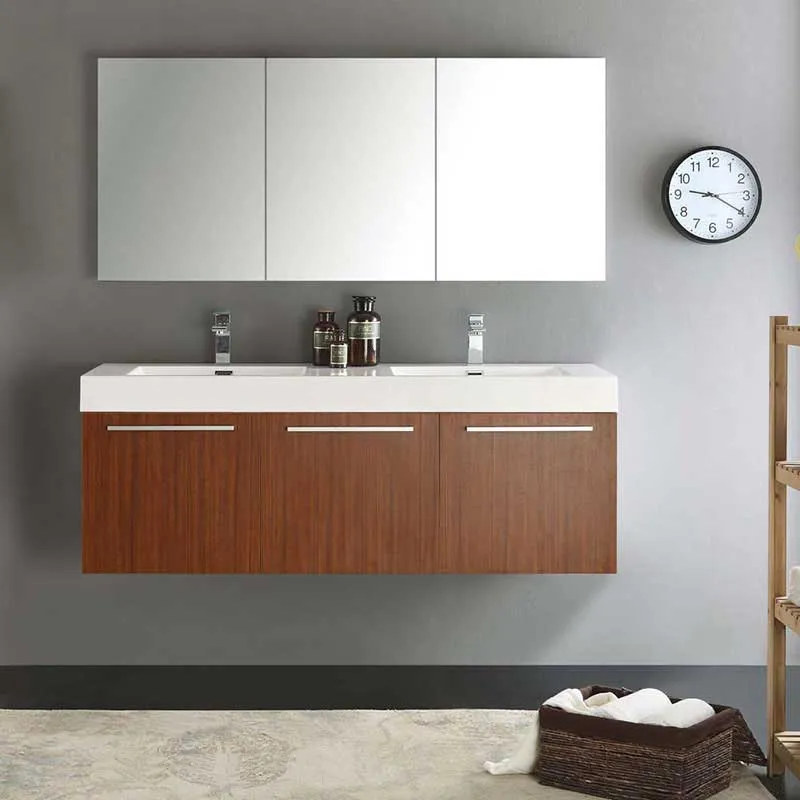 Fresca Vista 60" Teak Wall Hung Double Sink Modern Bathroom Vanity with Medicine Cabinet