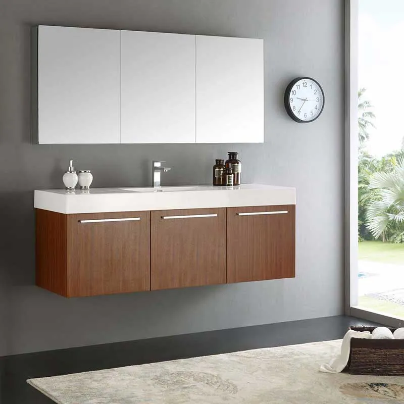 Fresca Vista 60" Teak Wall Hung Single Sink Modern Bathroom Vanity with Medicine Cabinet