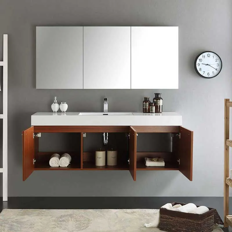 Fresca Vista 60" Teak Wall Hung Single Sink Modern Bathroom Vanity with Medicine Cabinet
