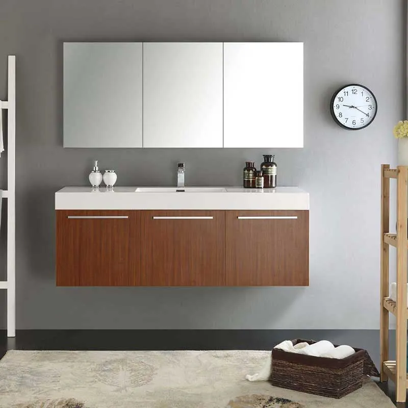 Fresca Vista 60" Teak Wall Hung Single Sink Modern Bathroom Vanity with Medicine Cabinet