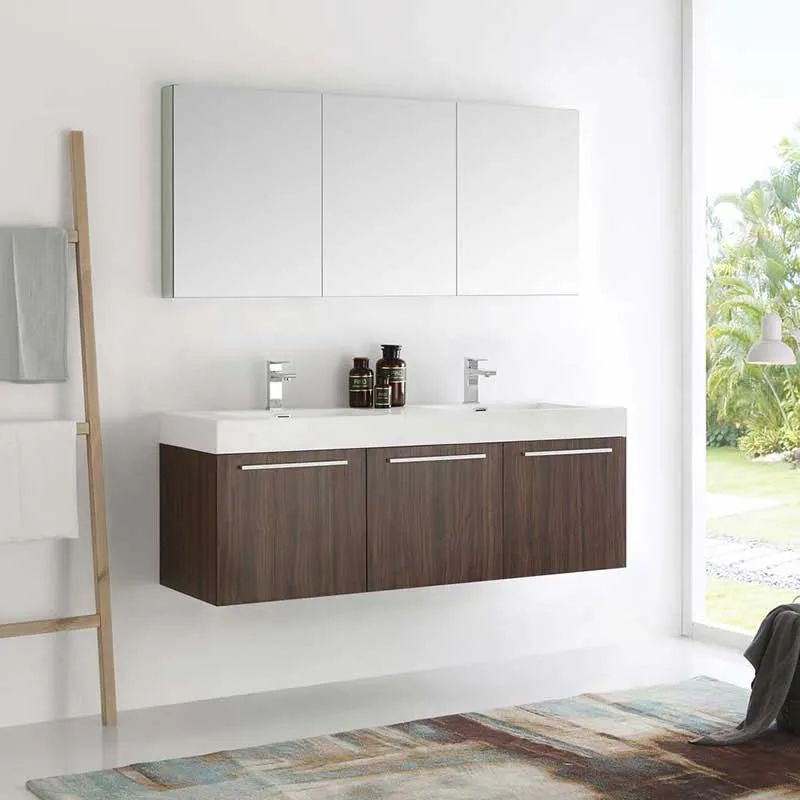 Fresca Vista 60" Walnut Wall Hung Double Sink Modern Bathroom Vanity with Medicine Cabinet