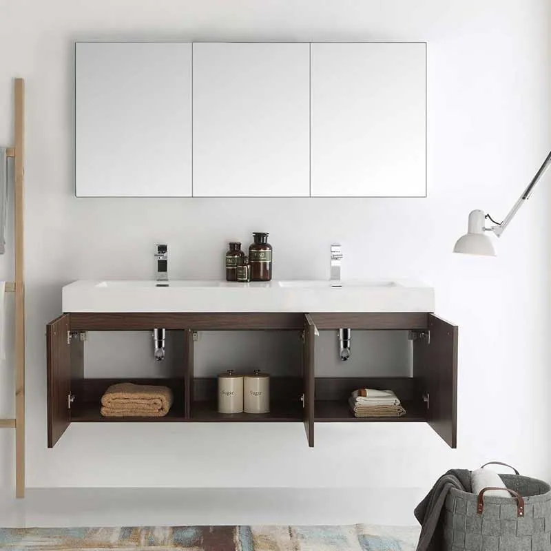 Fresca Vista 60" Walnut Wall Hung Double Sink Modern Bathroom Vanity with Medicine Cabinet