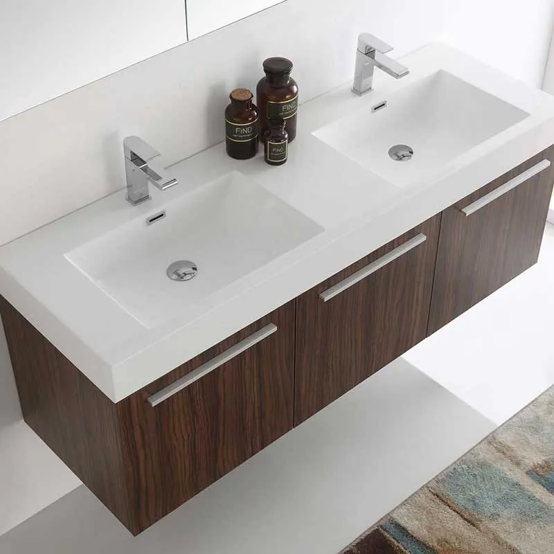 Fresca Vista 60" Walnut Wall Hung Double Sink Modern Bathroom Vanity with Medicine Cabinet
