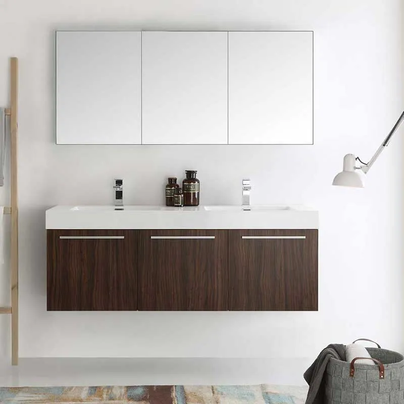 Fresca Vista 60" Walnut Wall Hung Double Sink Modern Bathroom Vanity with Medicine Cabinet