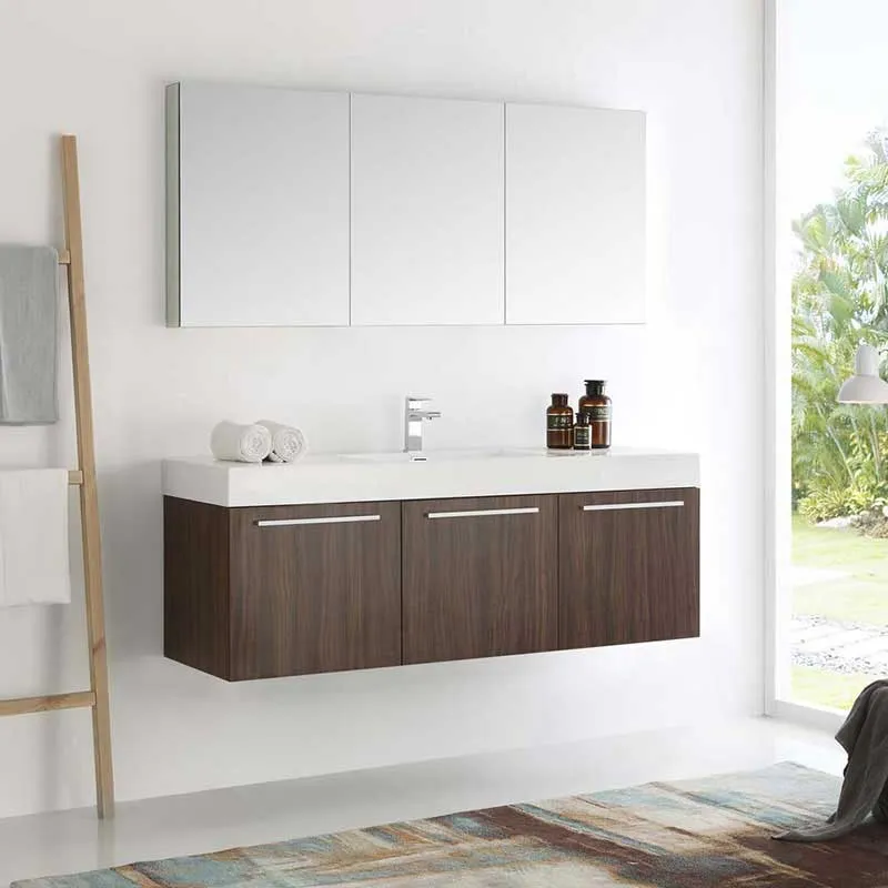 Fresca Vista 60" Walnut Wall Hung Single Sink Modern Bathroom Vanity with Medicine Cabinet