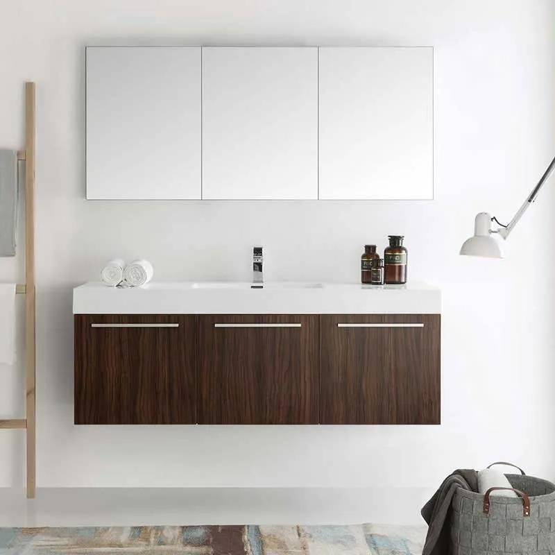 Fresca Vista 60" Walnut Wall Hung Single Sink Modern Bathroom Vanity with Medicine Cabinet