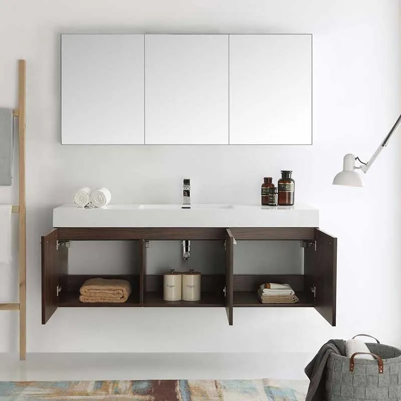 Fresca Vista 60" Walnut Wall Hung Single Sink Modern Bathroom Vanity with Medicine Cabinet