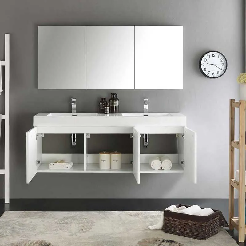 Fresca Vista 60" White Wall Hung Double Sink Modern Bathroom Vanity with Medicine Cabinet
