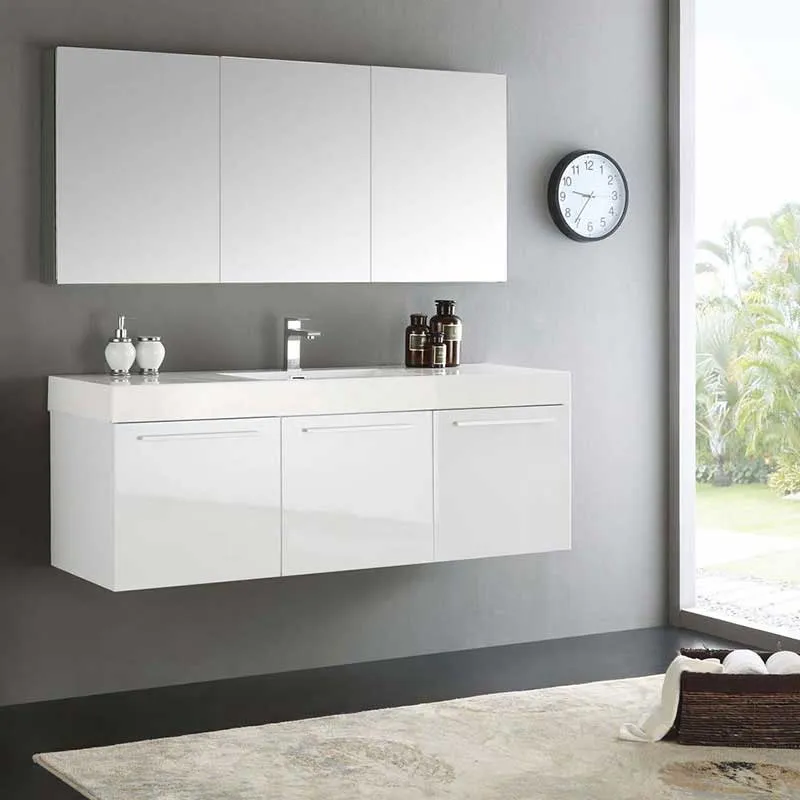 Fresca Vista 60" White Wall Hung Single Sink Modern Bathroom Vanity with Medicine Cabinet