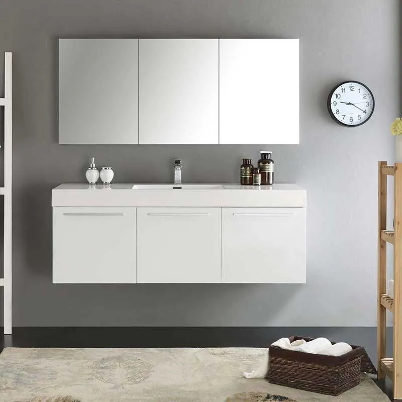 Fresca Vista 60" White Wall Hung Single Sink Modern Bathroom Vanity with Medicine Cabinet