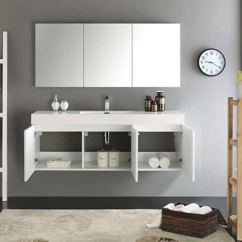 Fresca Vista 60" White Wall Hung Single Sink Modern Bathroom Vanity with Medicine Cabinet