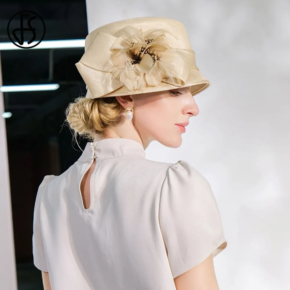 FS Luxury Woman Sun Hat Wedding Ceremony Fashion Elegant Millinery Tea Party Bowler Cap Flower Feather Bucket Hats Female
