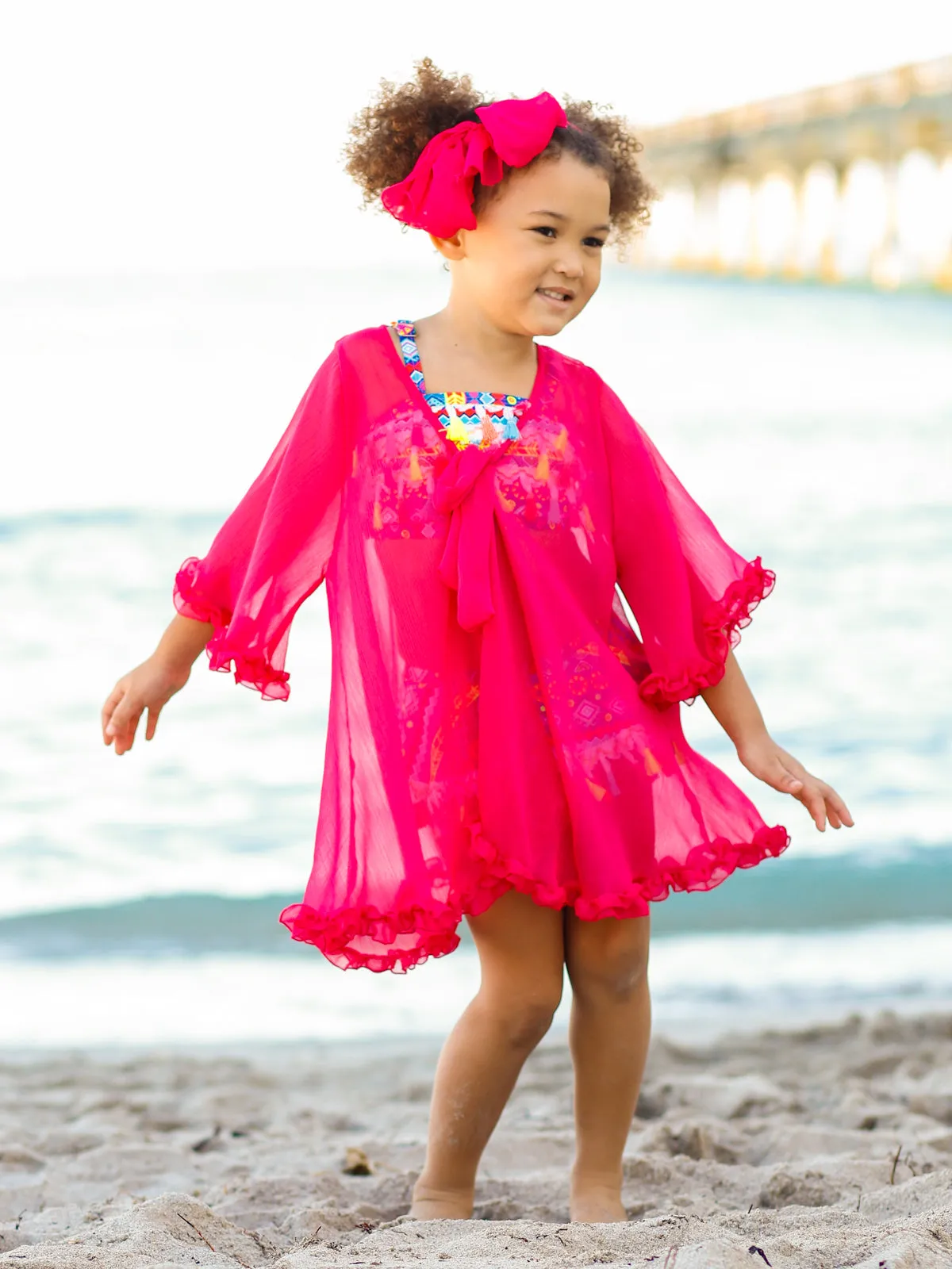 Girls Sheer Kaftan Ruffle Cover-Up