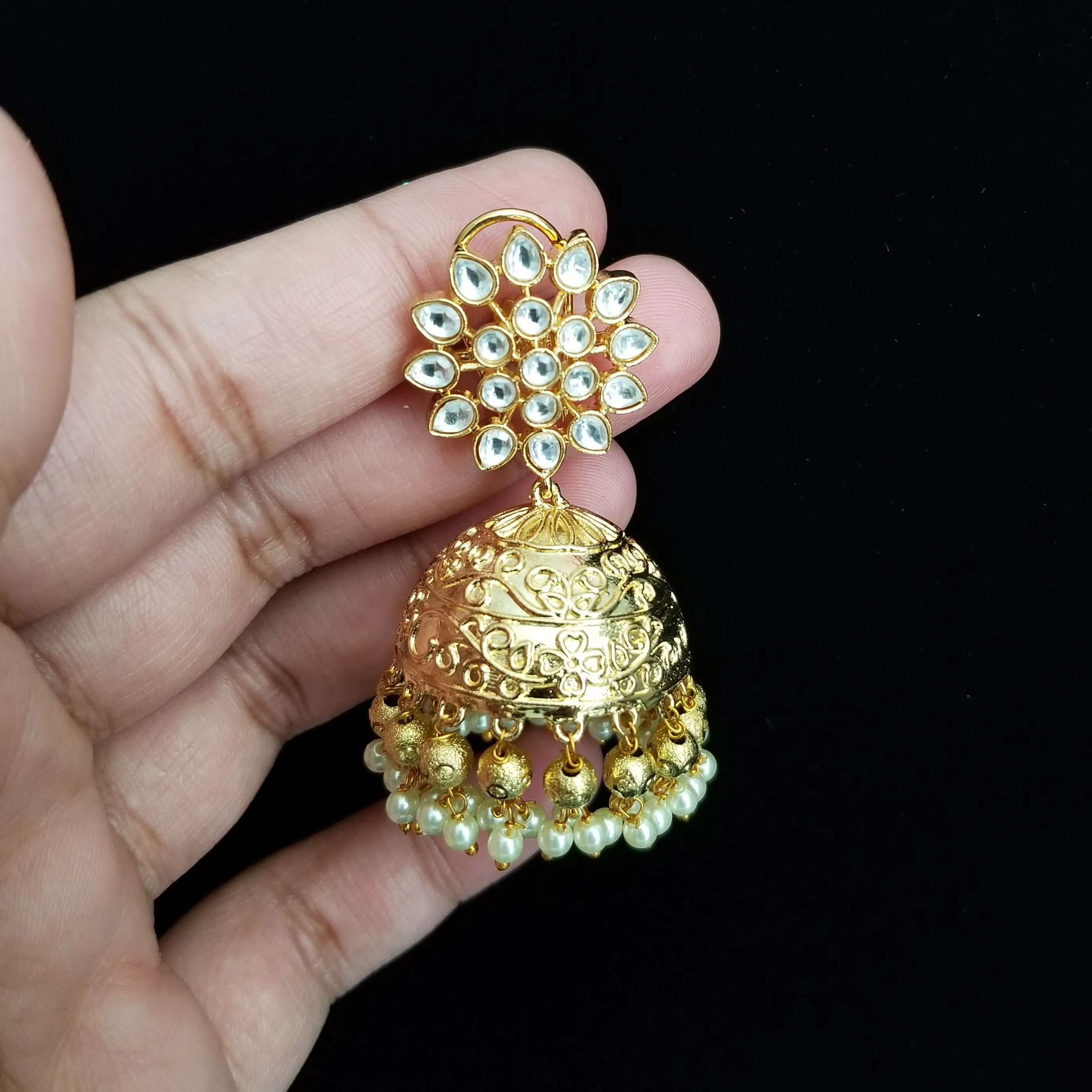 Gold Finish Kundan Jhumkas