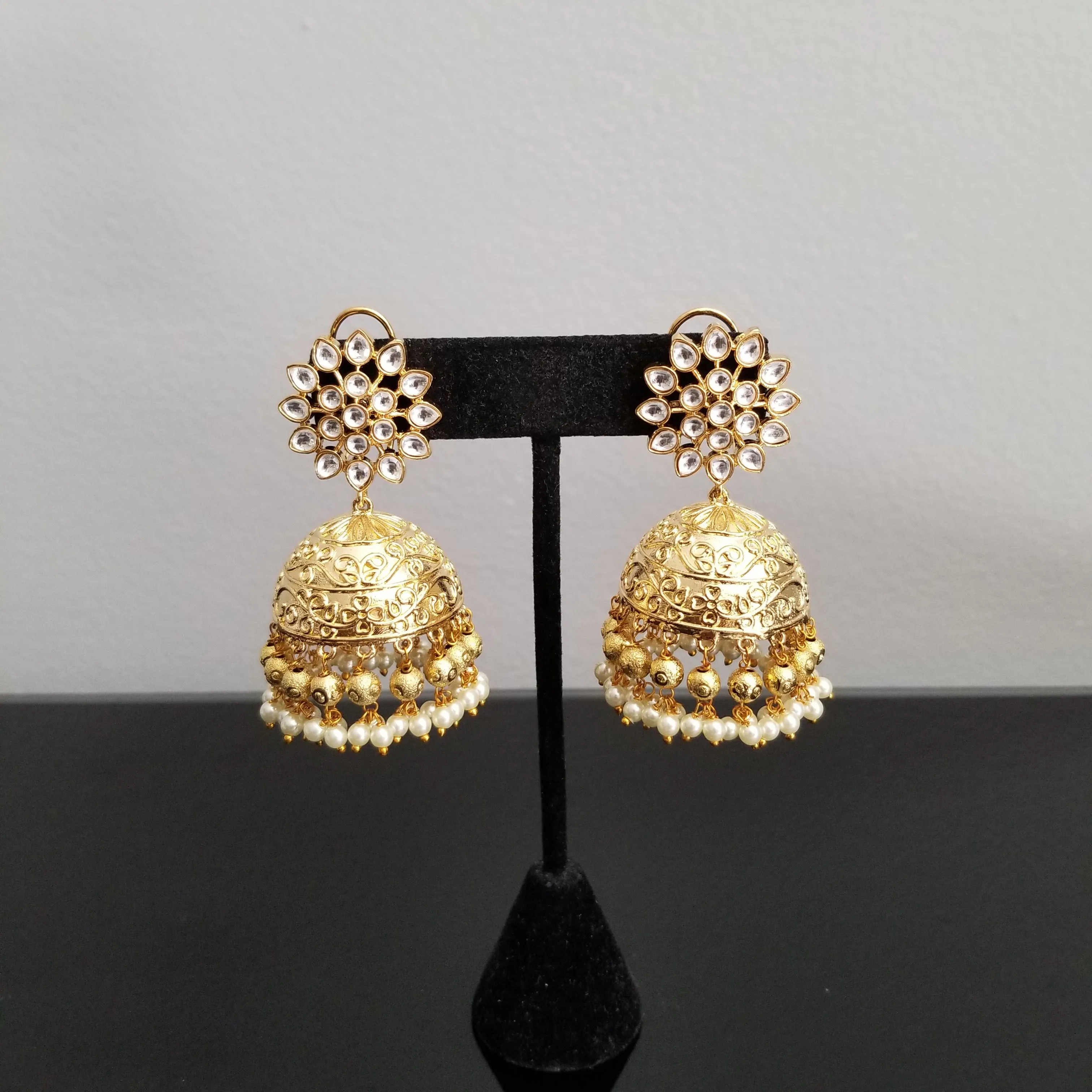 Gold Finish Kundan Jhumkas