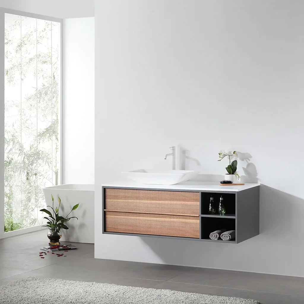 Goreme 2 Drawers And 2 Open Shelf Bathroom Vanity with Solid Surface Top and Vessel Sink - Wall Mount - 48" Wood/Walnut/Dark Gray